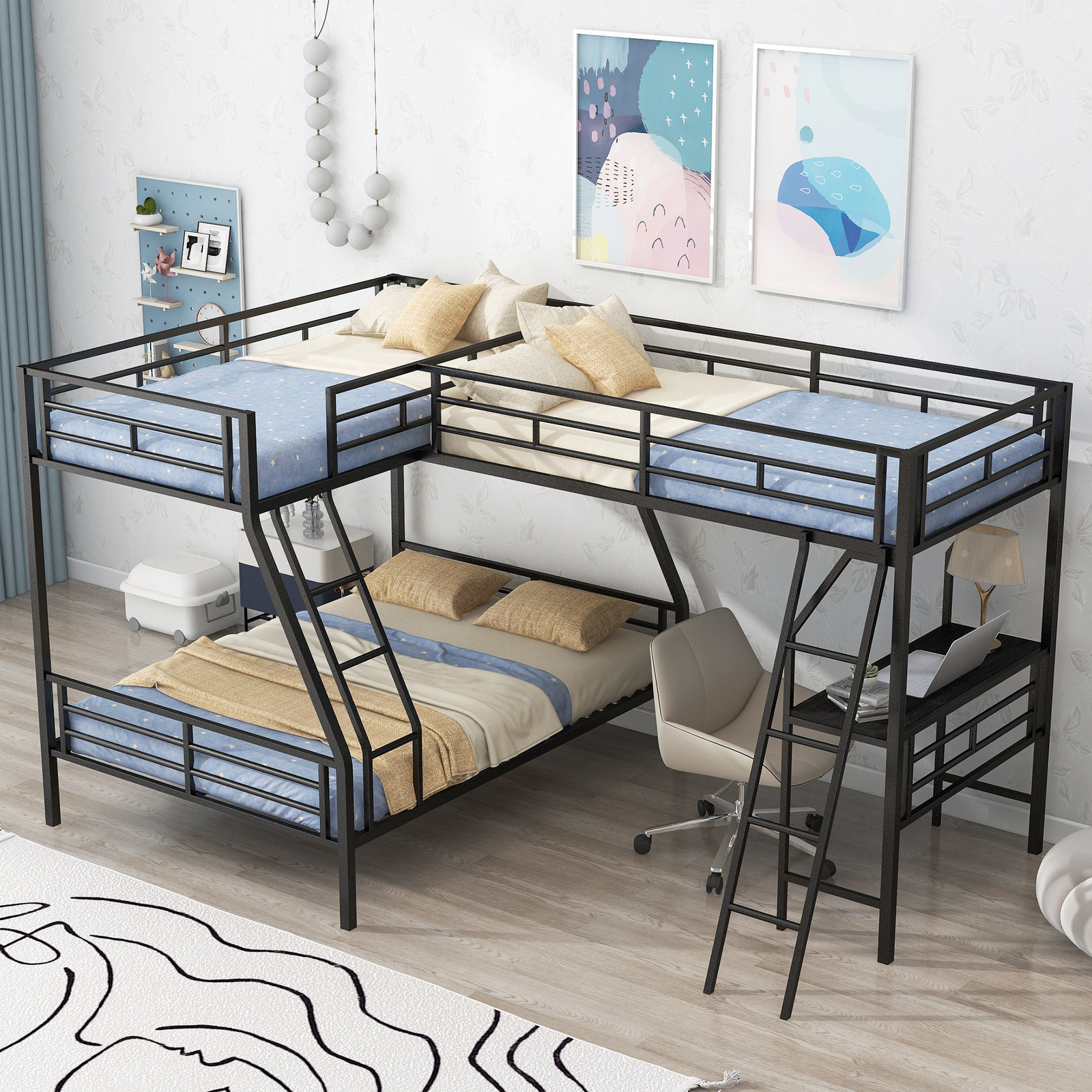 Metal Triple Bunk Bed with Desk Twin Over Full Bunk Bed with a Loft Bed Attached