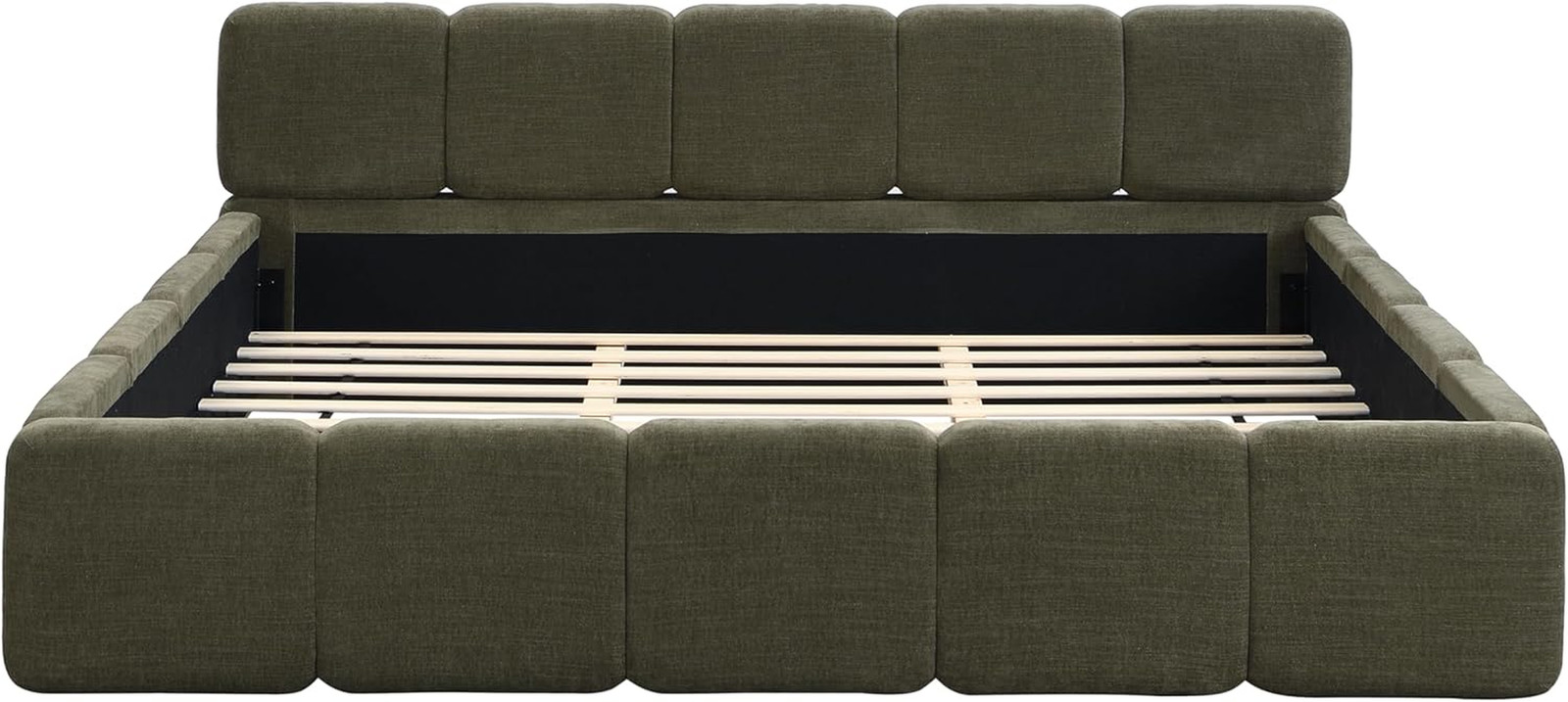 Luxurious King Size Green Boucle Platform Bed with Thick Headboard & Footboard