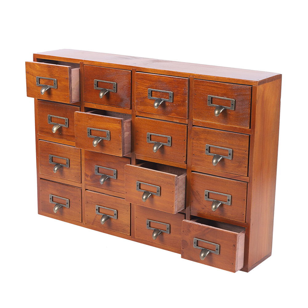 16-Drawers Wood Apothecary Medicine Cabinet Label Holder Card Catalog Vintage US