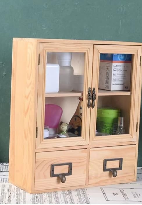 Narrow Vintage Pine Apothecary Cabinet 2 Doors 2 Drawers Brown | 12″L×4.7″W×14″H
