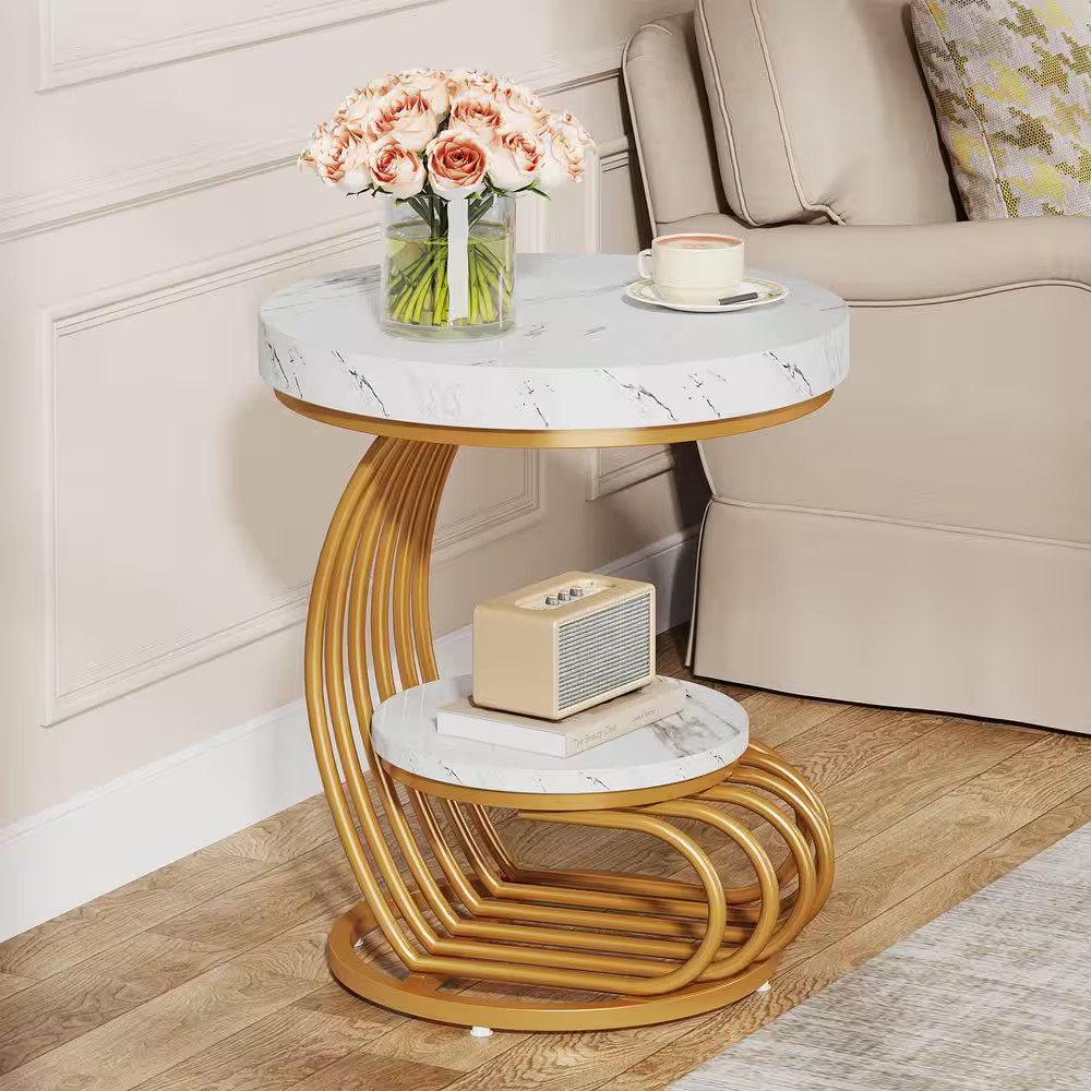 19.7 In. White round Wood and Metal C-Shape End Table, 2-Tier Modern Side Table