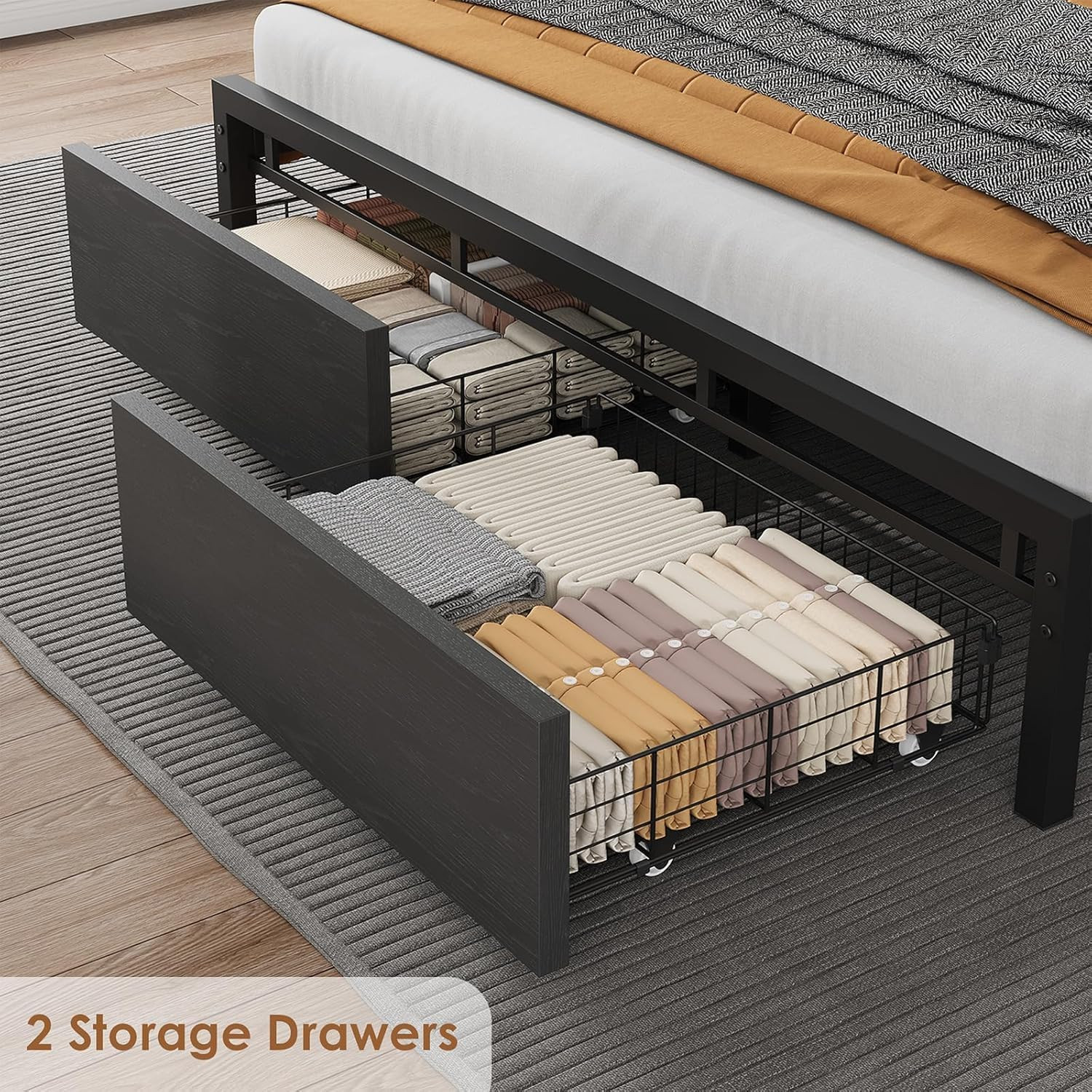 Modern Platform Bed Frame with Storage, Upholstered Headboard & Charging Station