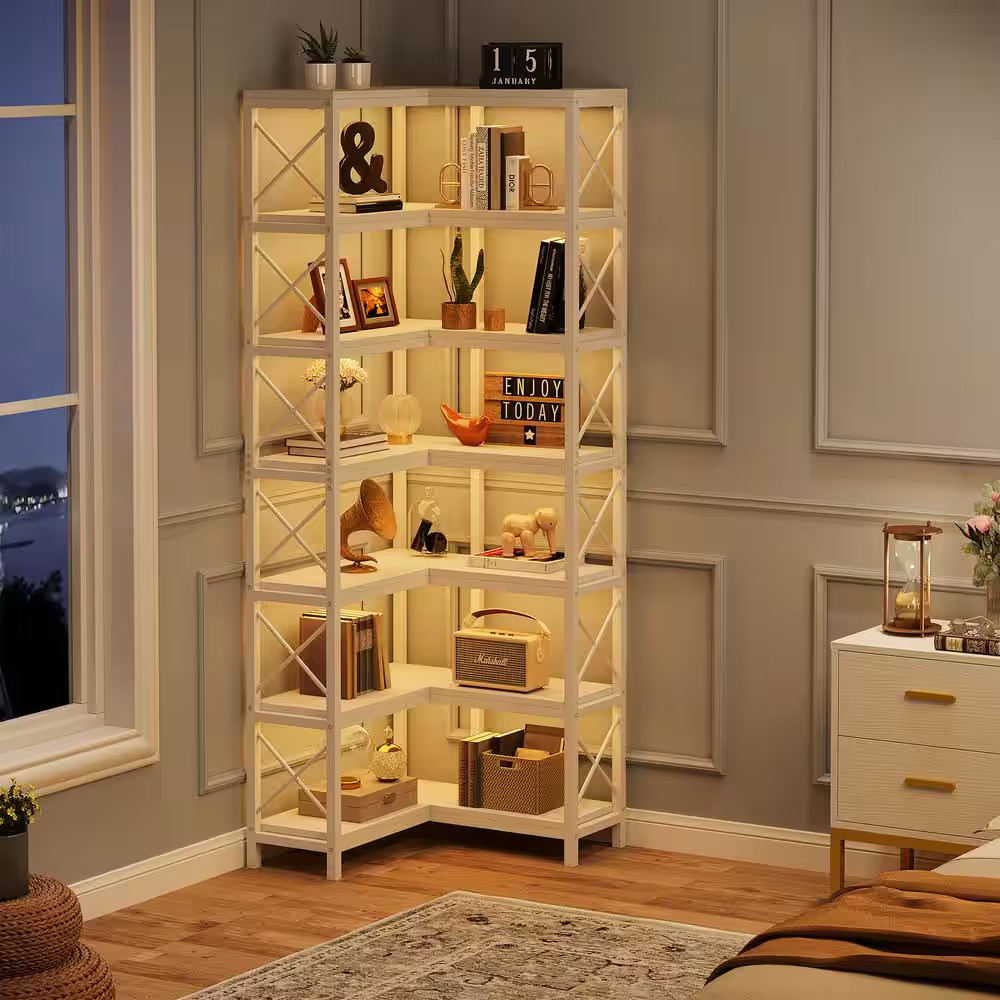 Eulas 78 In. Tall White Engineered Wood 7-Shelf Corner Bookcase, Large Modern Co