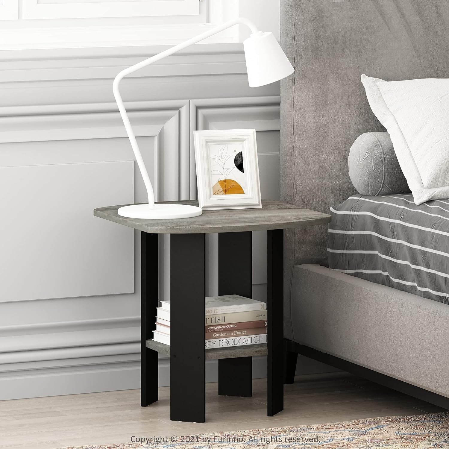 Furinno Simple Design End Table, 2-Pack, 2 Tiers, French Oak/Black