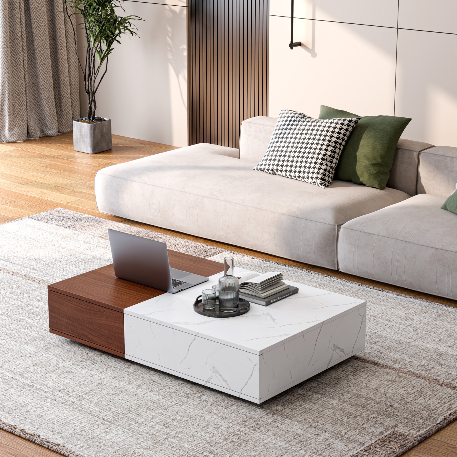 Coffee Table Walnut with 2 Storage Spaces Living Room Modern Style NEW