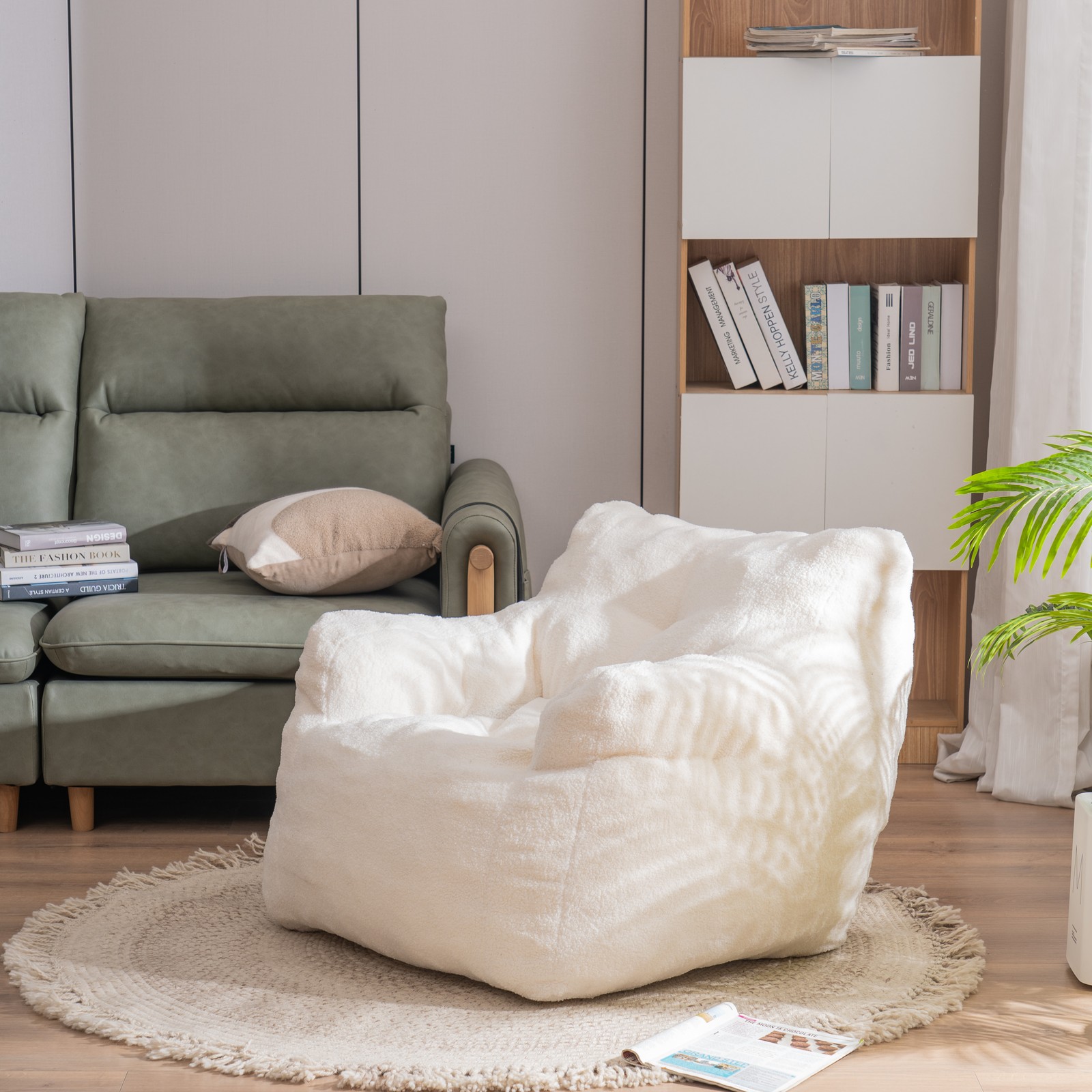 Teddy Fabric Tufted Foam Bean Bag Chair Ivory White 39.37″ x 37″