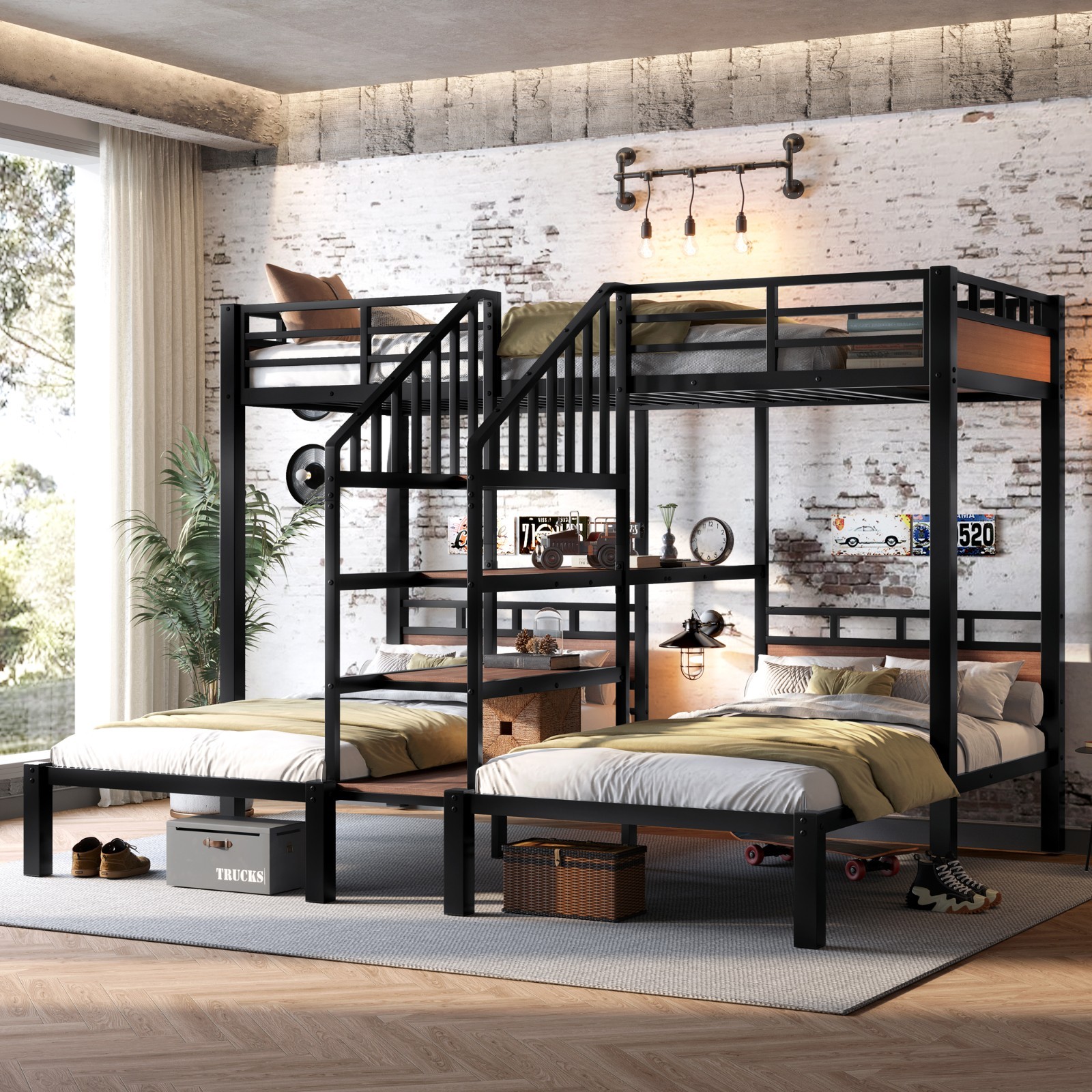 Twin/Queen over Twin over Twin Metal Bunk Bed Triple Bunk bed w/Storage Shelves