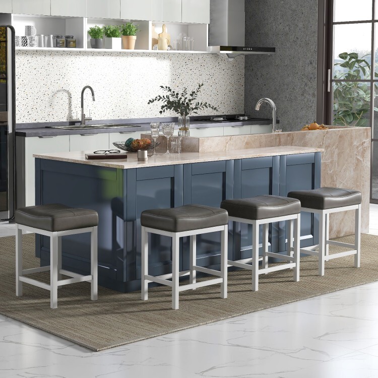 24.5″ Kitchen Stool Set Linen Fabric Saddle Stools Set of 2 With Cushioned Seat