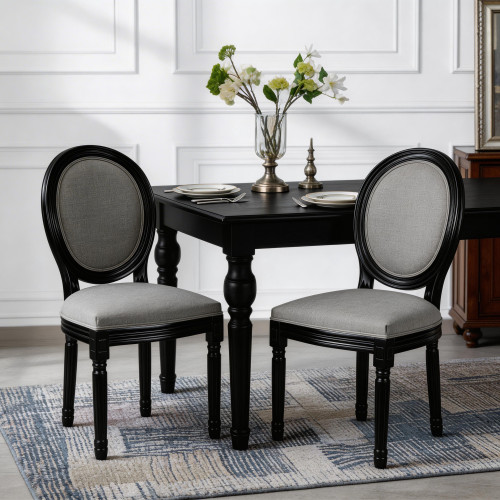 French Country Dining Chairs Set of 2, Upholstered Round Back, Light Grey