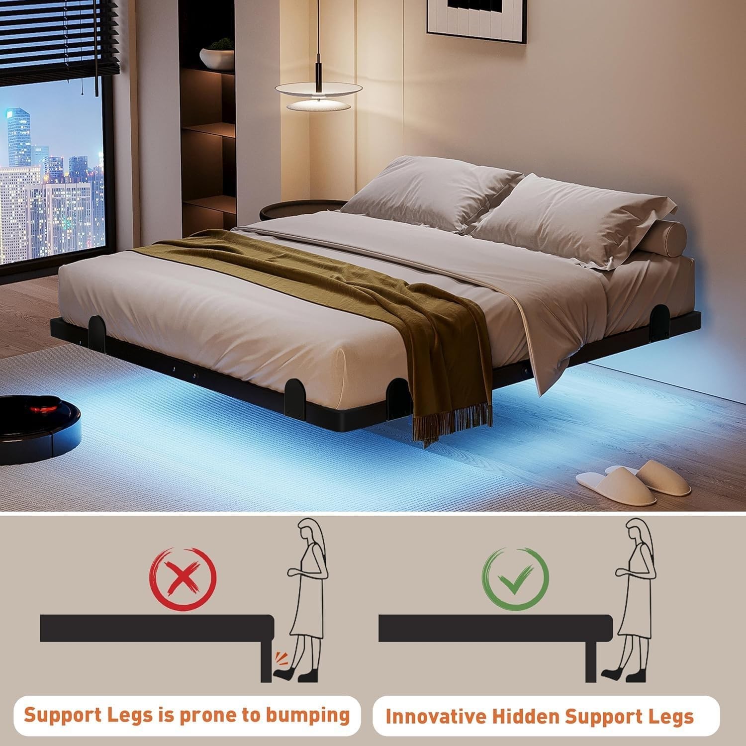 Floating Bed Frame, Metal Platform Bed with Smart LED Lights &