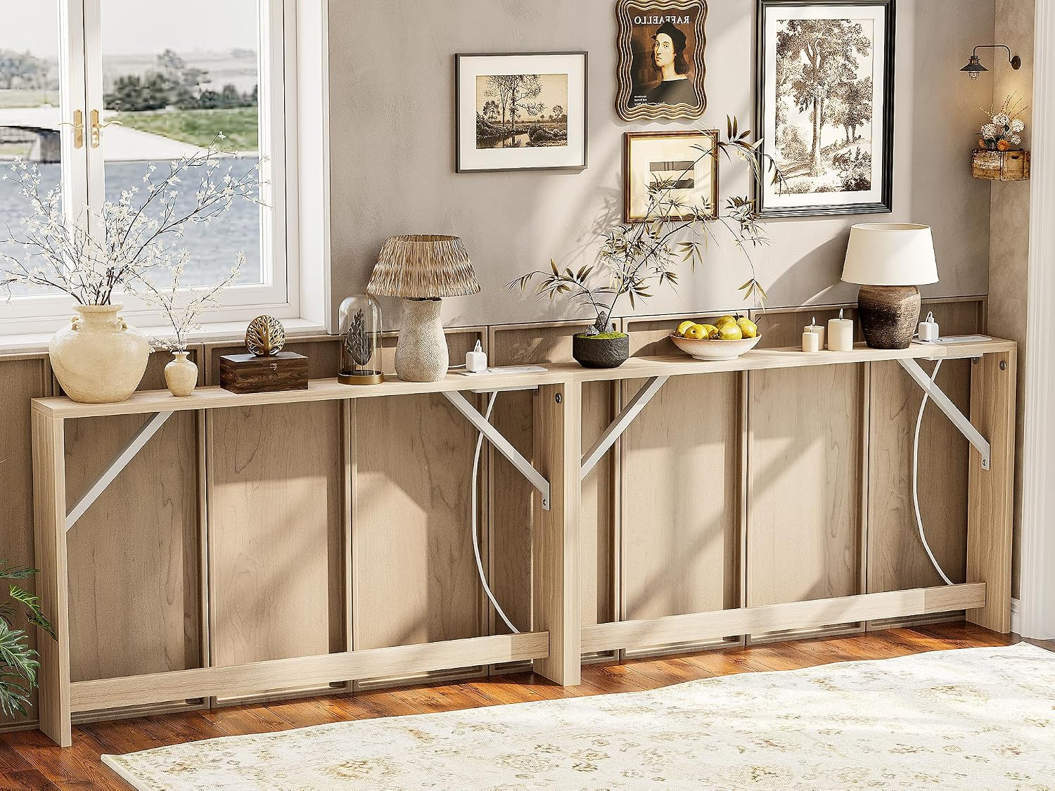 Light Walnut Narrow Console Table Set with Power Outlet, 94” for Living Room