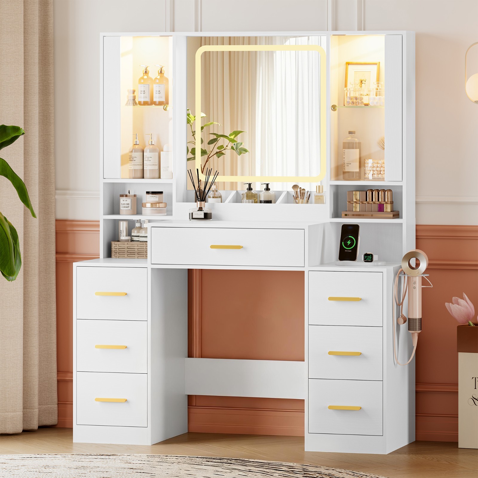Vanity Desk with Mirror and Lights, Vanity Table with Drawers for Bedroom