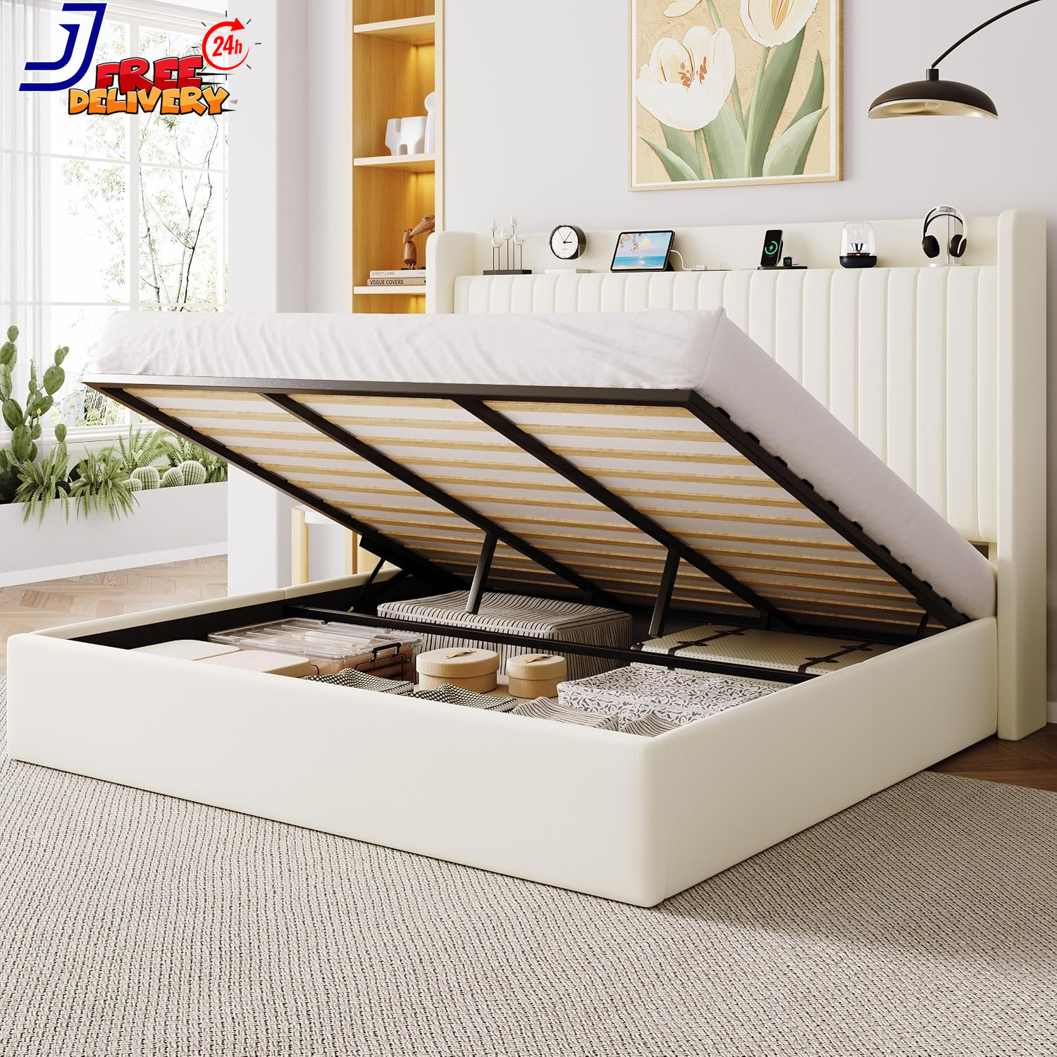 King Size Velvet Storage Bed Frame with USB Ports and Hydraulic Lift Cream