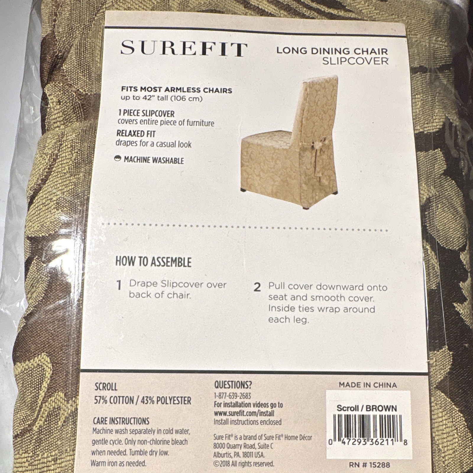 SureFit Scroll Long Dining Chair Slipcover Brown Relaxed Fit Up to 42″ SF36211
