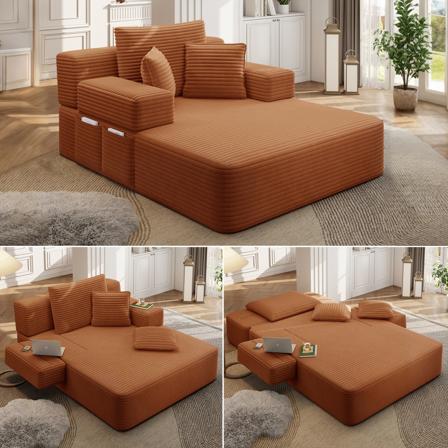 Modern Plush Corduroy Sofa Bed Chaise Lounge No Assembly Required with 3 Pillows