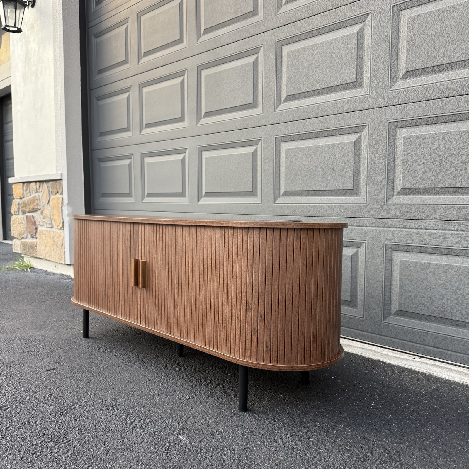 55” Wooden Tambour Door TV Stand with Power Outlet – Walnut