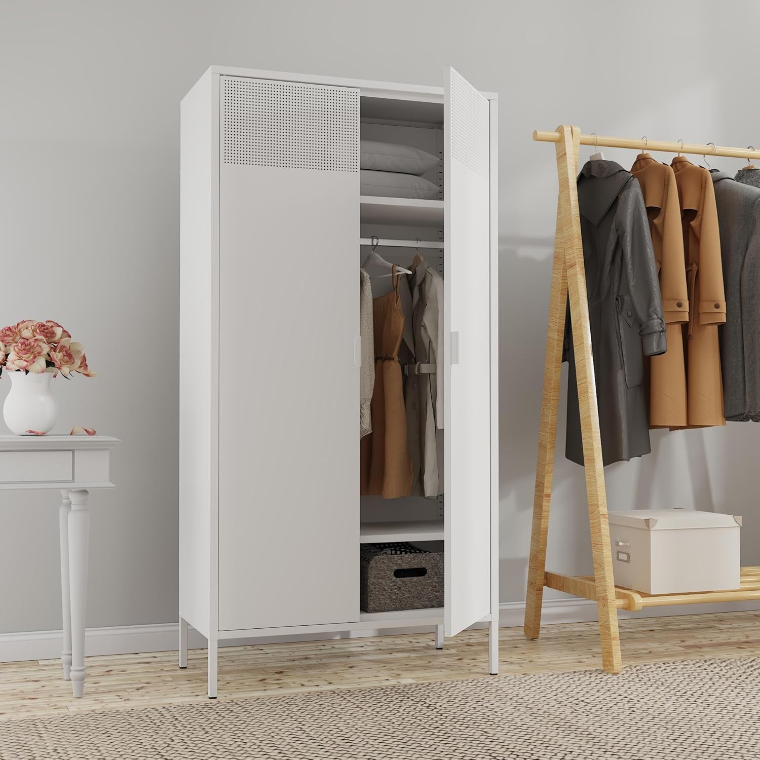 Elegant 71″H Metal Armoire Wardrobe Closet with Hanging Rod ＆ Adjustable Shelves