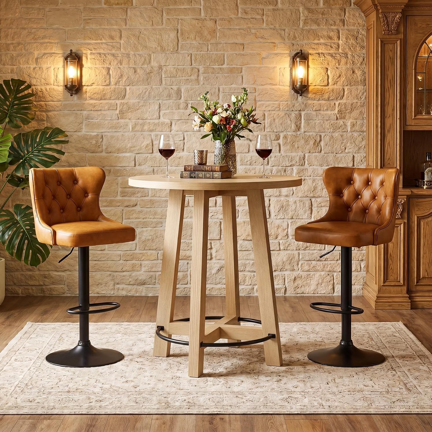 Light Wood Round Bar Table 37″ H Top Modern Bistro Pub Table with Metal Footrest