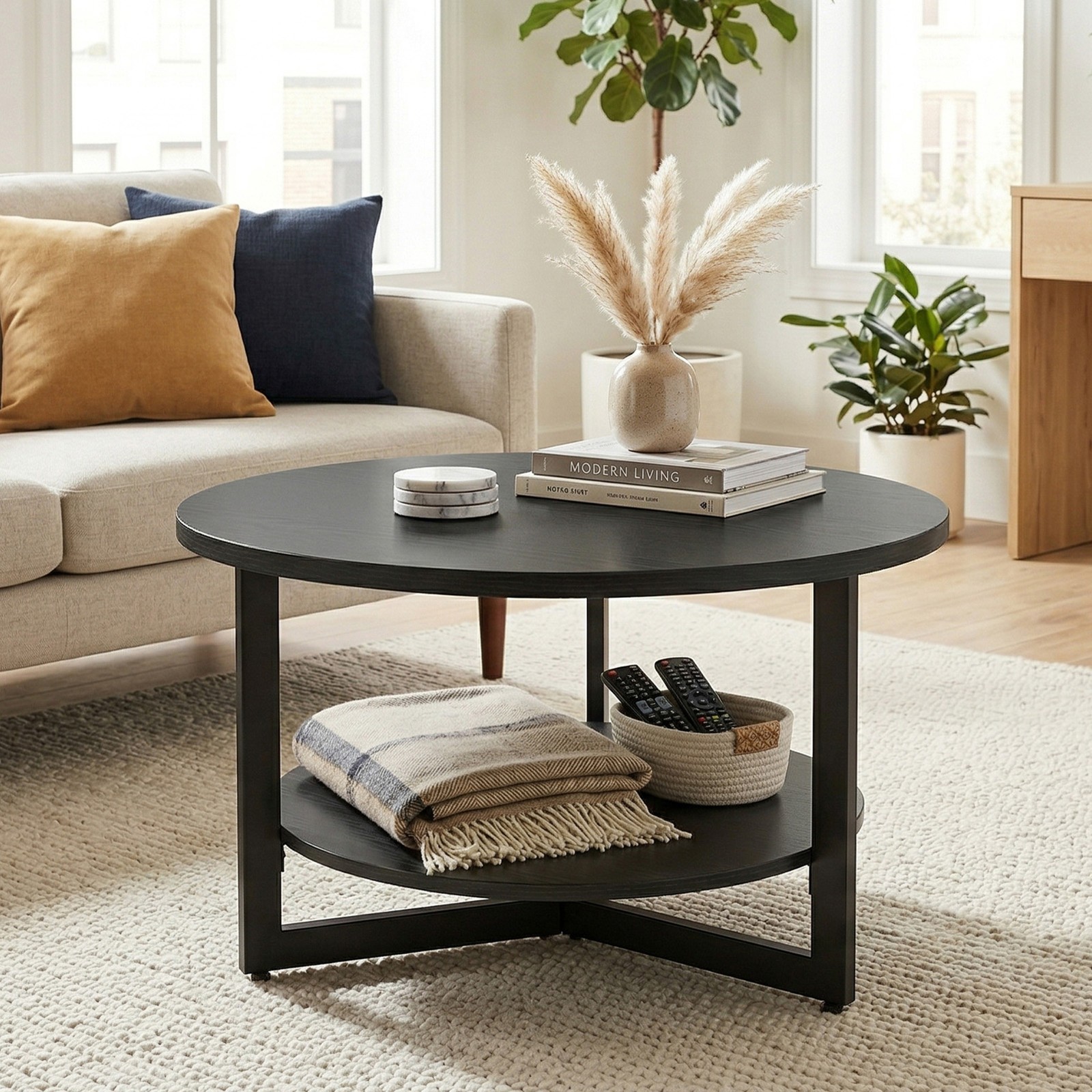 31.5in Round Coffee Table Multi Layer Storage Industrial Style Family Home Table