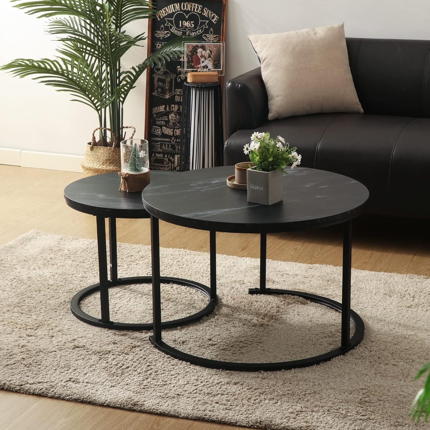 Coffee Table Round Set of 2 Wooden Living Room Table with Metal Frame Black B1054
