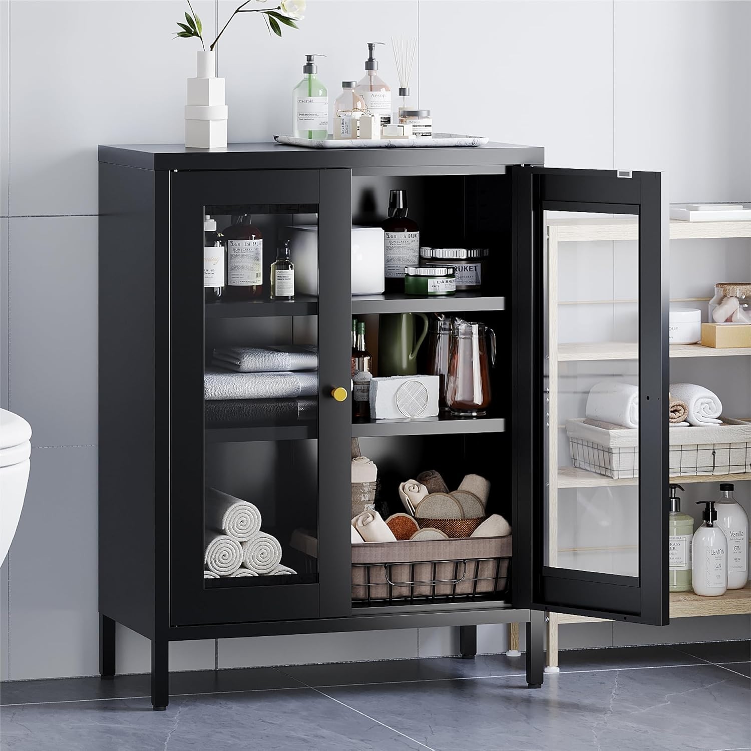 31.5 in Black Metal Storage Cabinet With 2 Glass Doors For Bathroom,Home,Office
