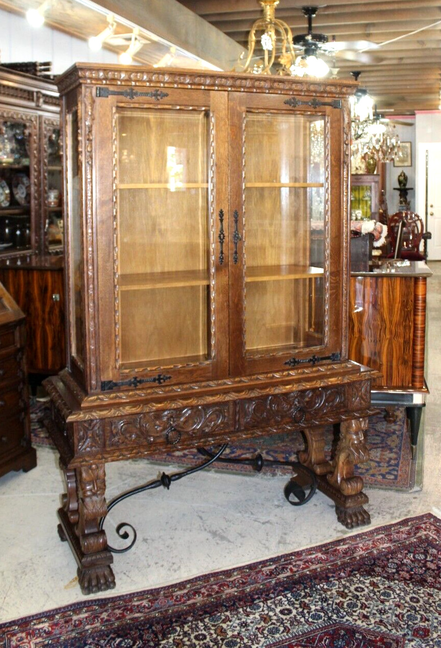 French Antique Oak Wood Renaissance Display Cabinet With 2 Shelf