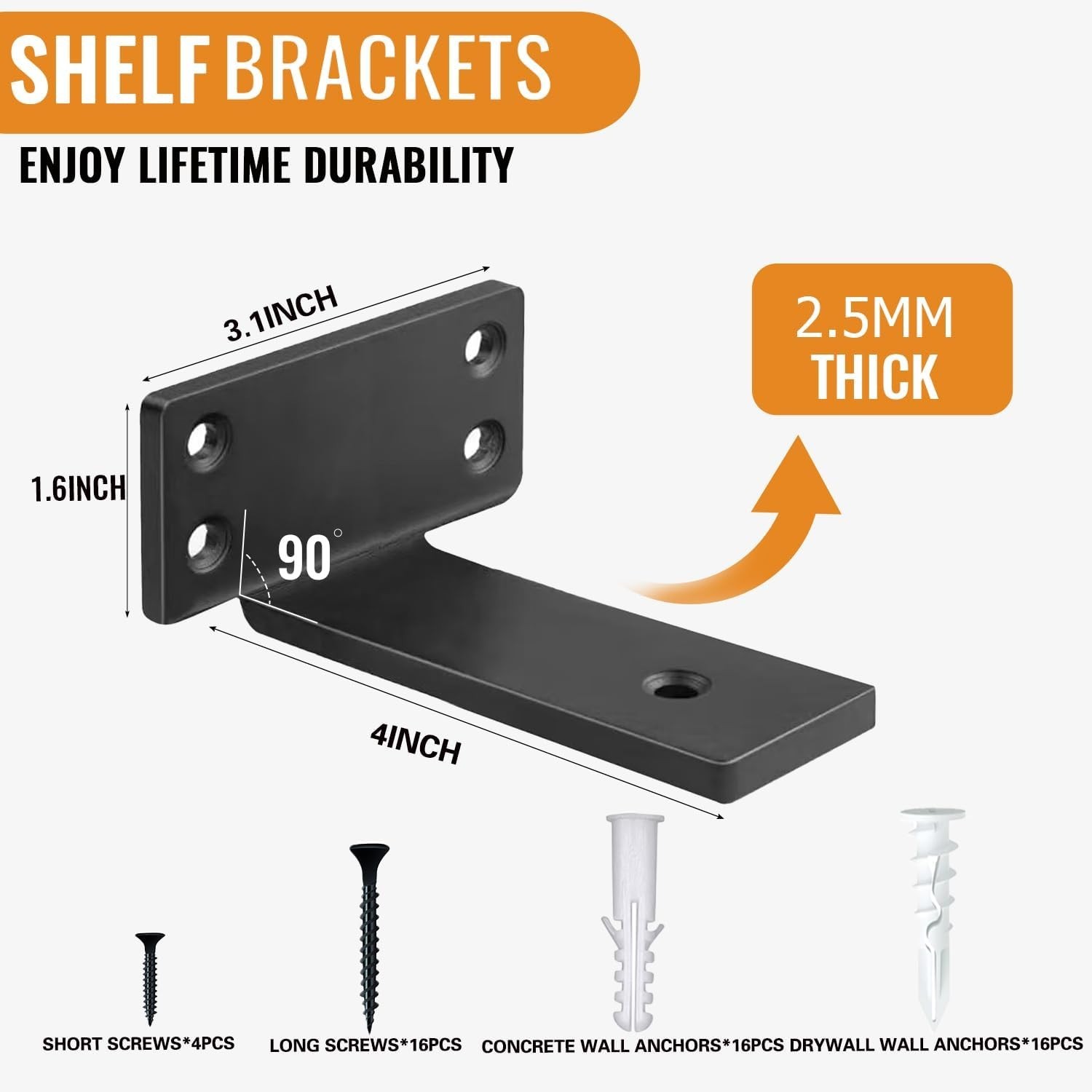 4 Pack Shelf Brackets 4 Inch Floating Shelf Bracket 1/5 Inch Thick Heavy Duty Hi