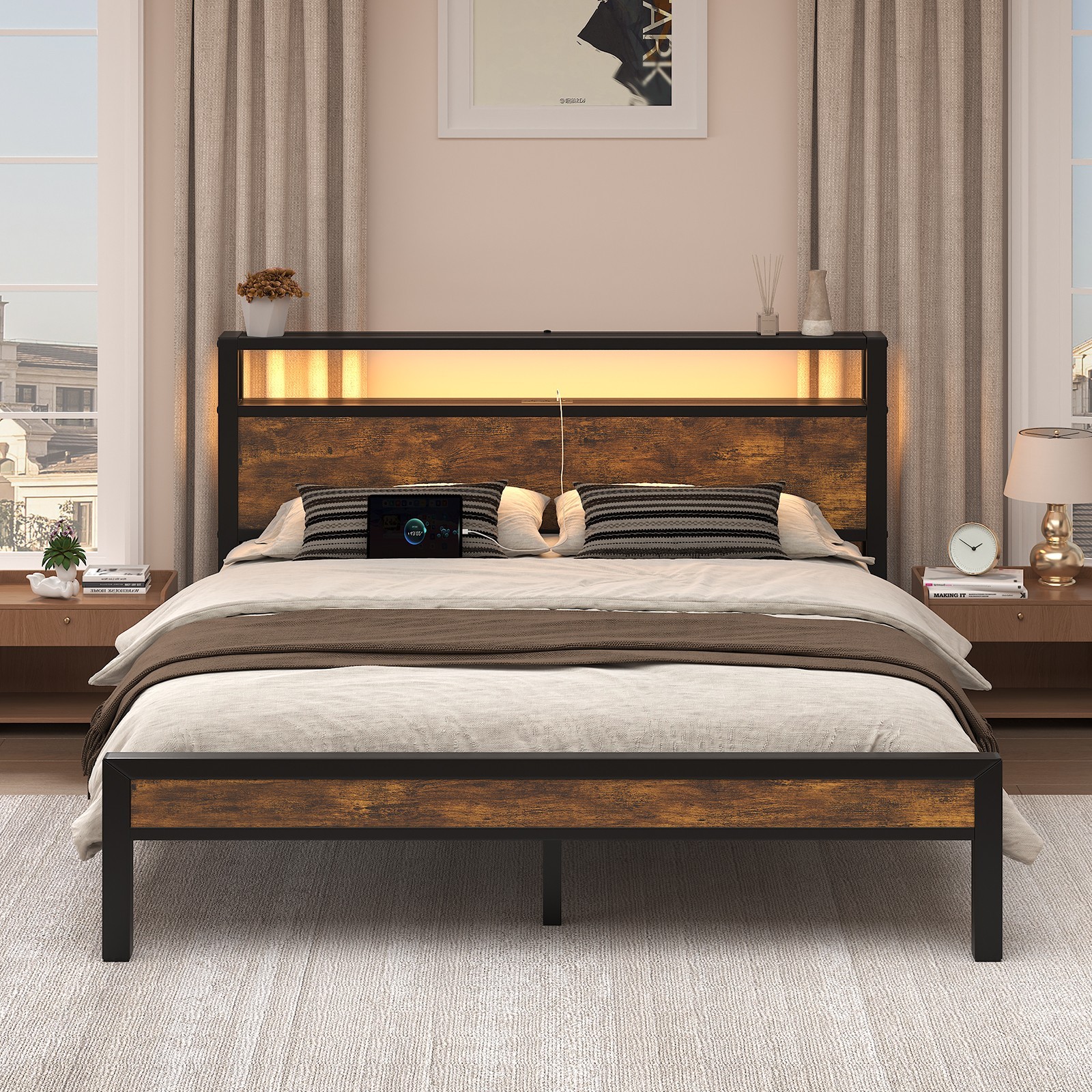 LED Light Bed Frame with 2-Tier Storage Headboard and Charging Station/Grey