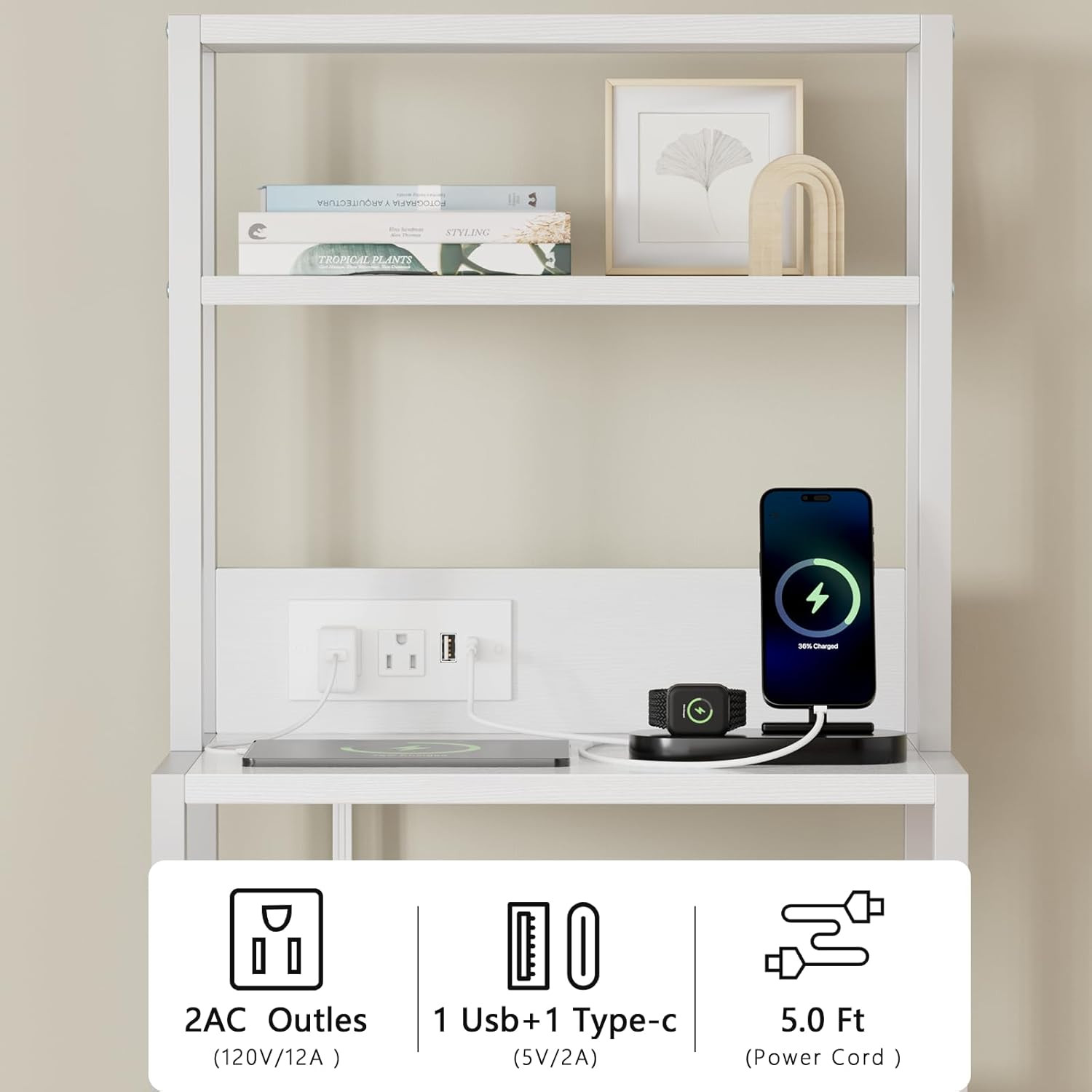 Tall Night Stand, White Bedside Nightstand with Charger Station | 4-Tier