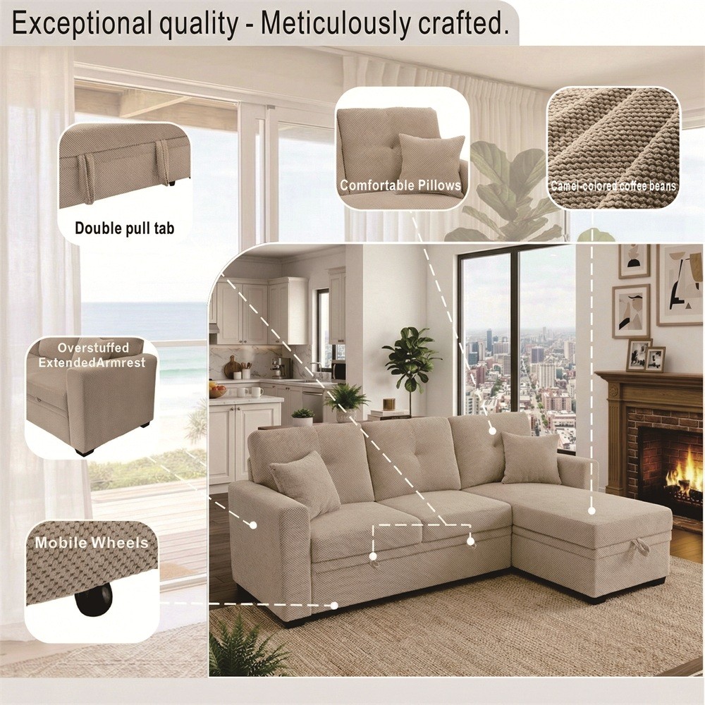 L-Shaped Sofa Sectional Loveseat Couch Convertible Sleeper Sofa w/Pull-Out Bed