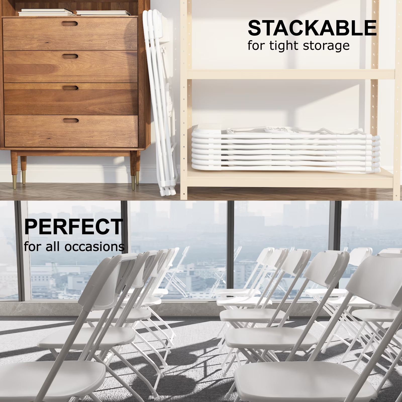 OROFULL 2 Pack Plastic Folding Chair, 350lb Capacity Stackable Chair, White