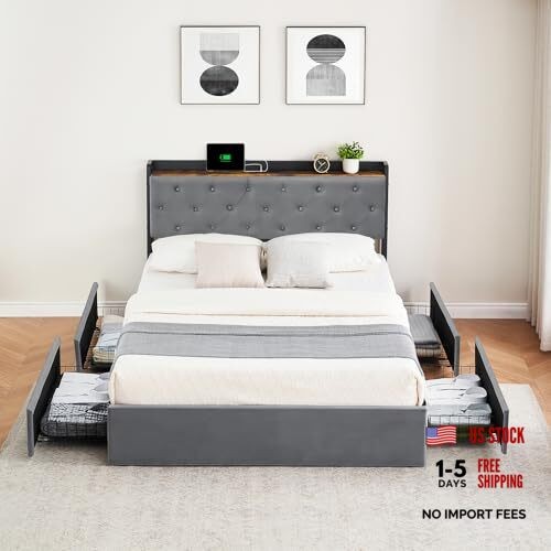 Queen Size Platform Bed Frame with Storage – 4 Queen (U.S. Standard) Grey