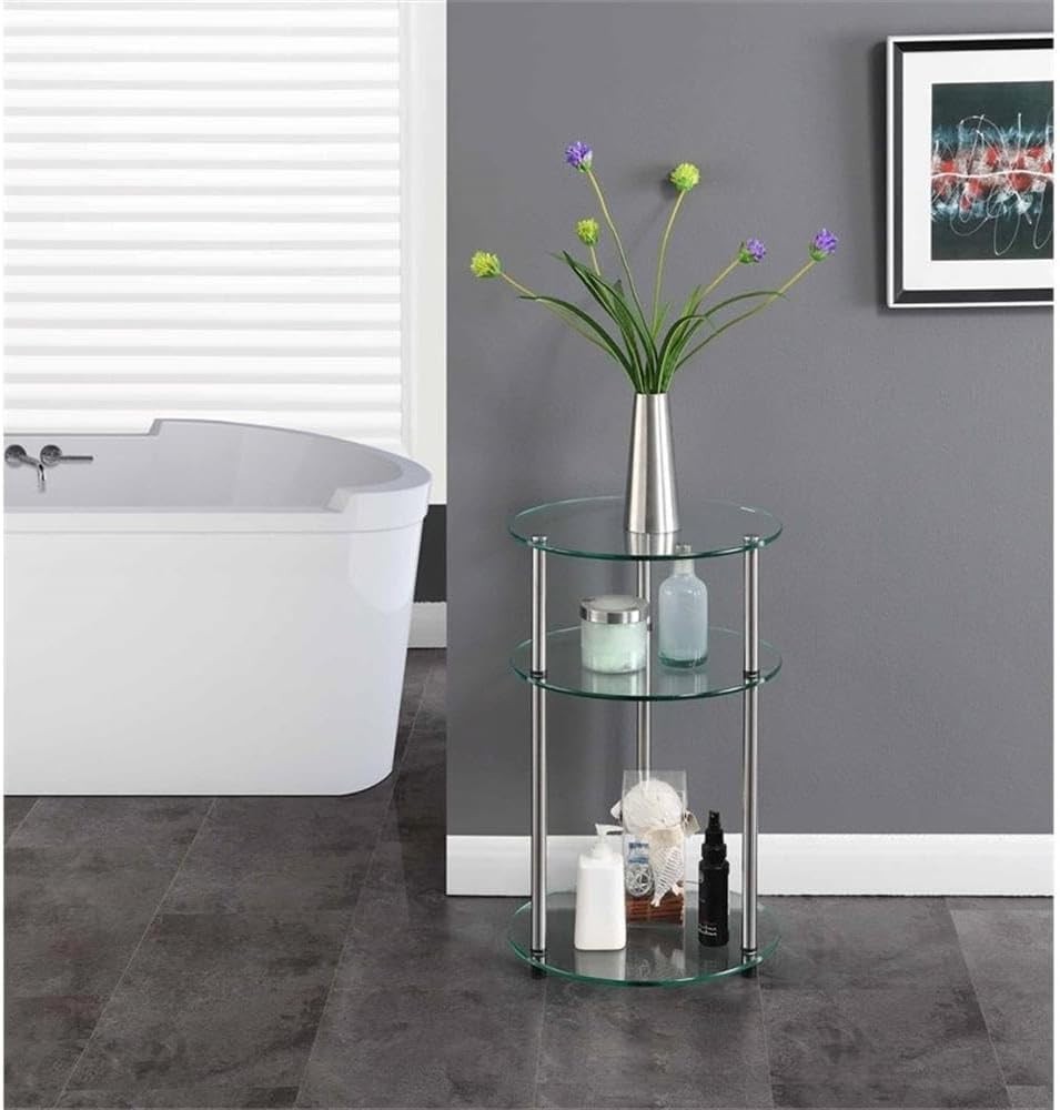 Contemporary Glass Round End Table – 15.75 Inches with Chrome Finish & 3 Shelves