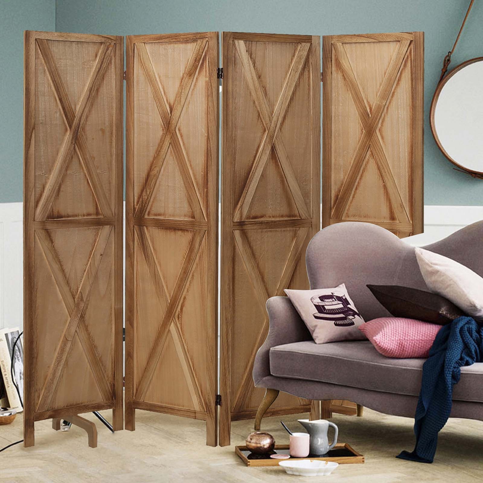 4 Panel Wood Room Dividers Freestanding Screens Folding Privacy Wall Brown