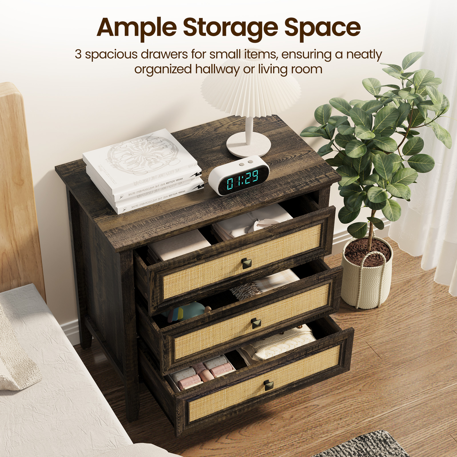 3 Drawer Dresser Chest Nightstand Dark Rustic Oak Particle Board MDF