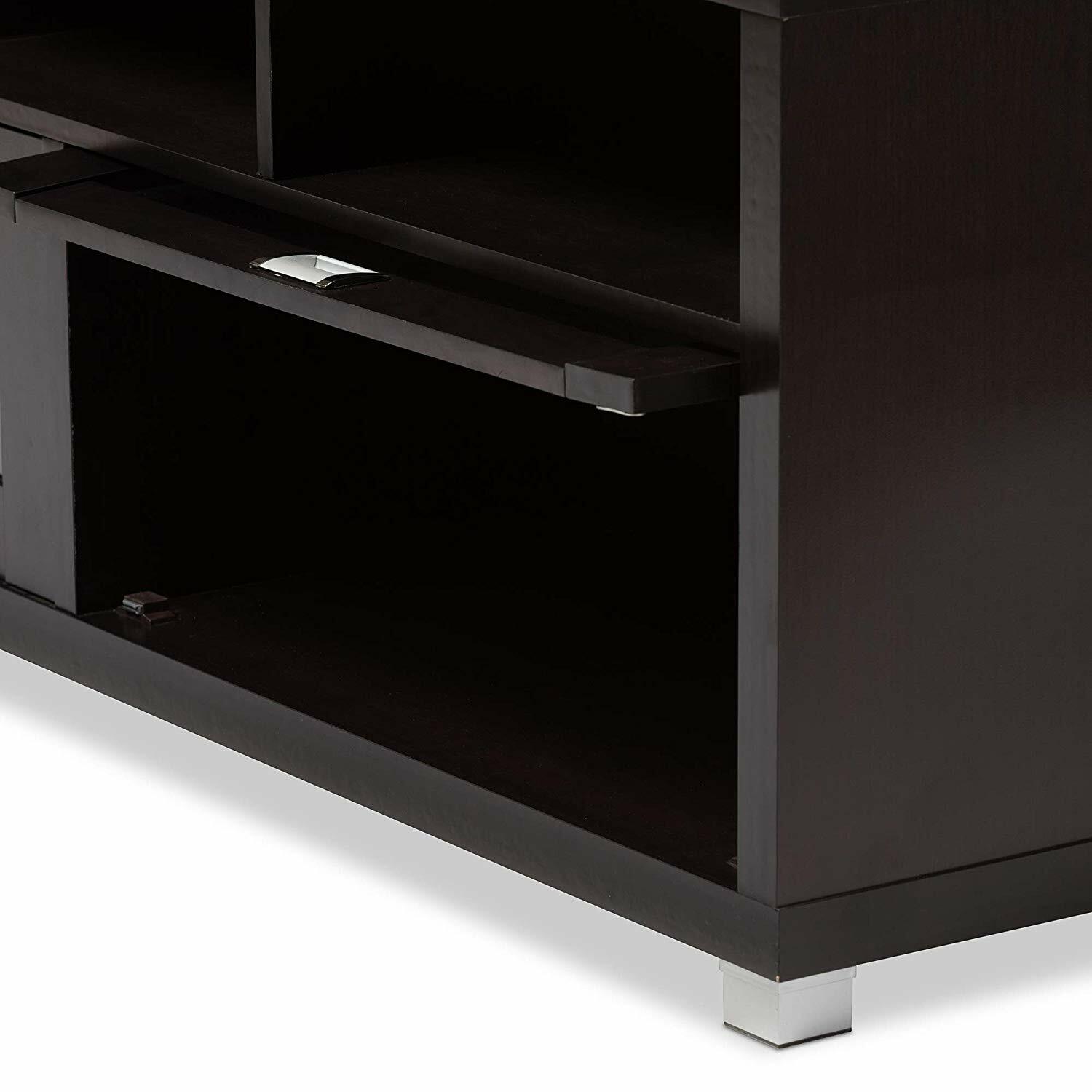 Espresso Brown Wooden Glass TV Stand Entertainment Center Media Storage Cabinet