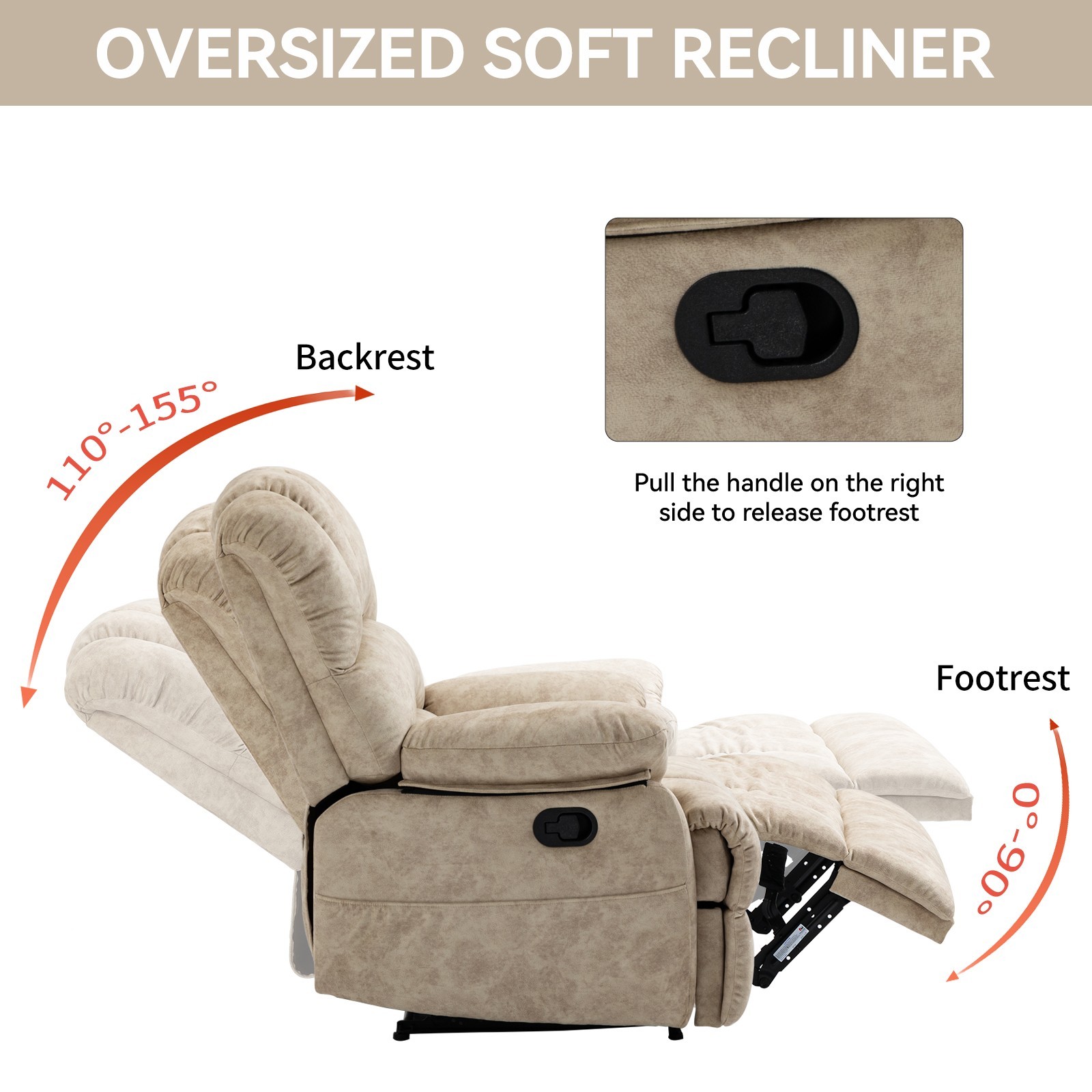 Large Oversized Manual Recliner Chair Reclining Sofa Fabric for Living Room Gray
