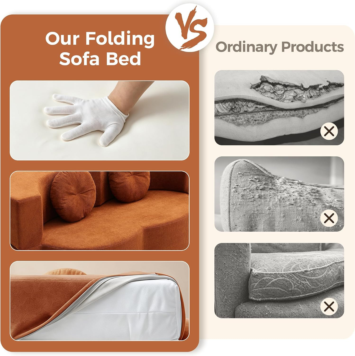 75.5″ Orange Futon Sofa Bed with Pillows – No Assembly, Convertible Loveseat