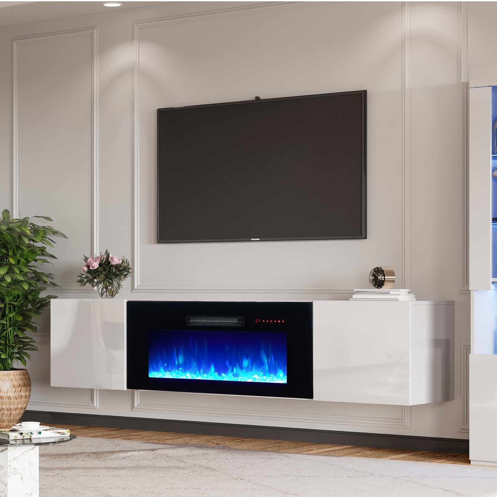 68″ Floating TV Stand with 36″ Electric Fireplace & LED Lights