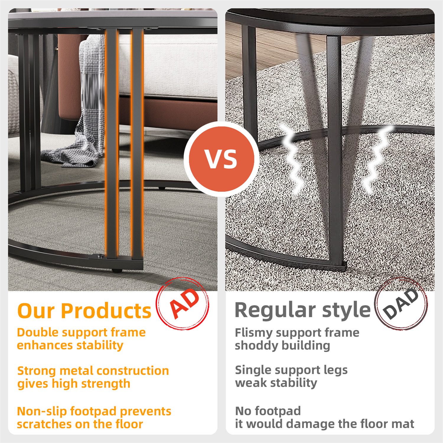 Real Marble Nesting Table Dark Gray White Top Heavy Metal Coffee Side End Table