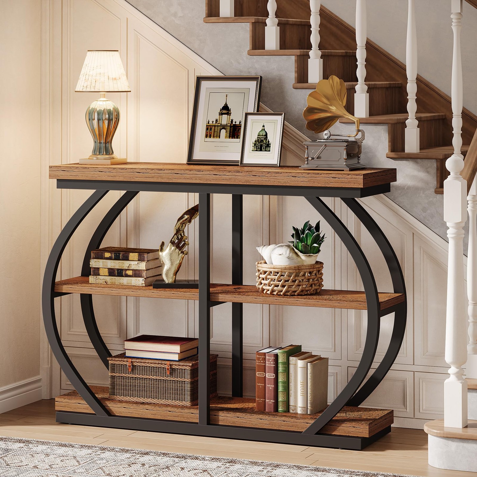 41.3″ Console Table Industrial 3-Tier Entryway w/Metal Frame & Stone Base