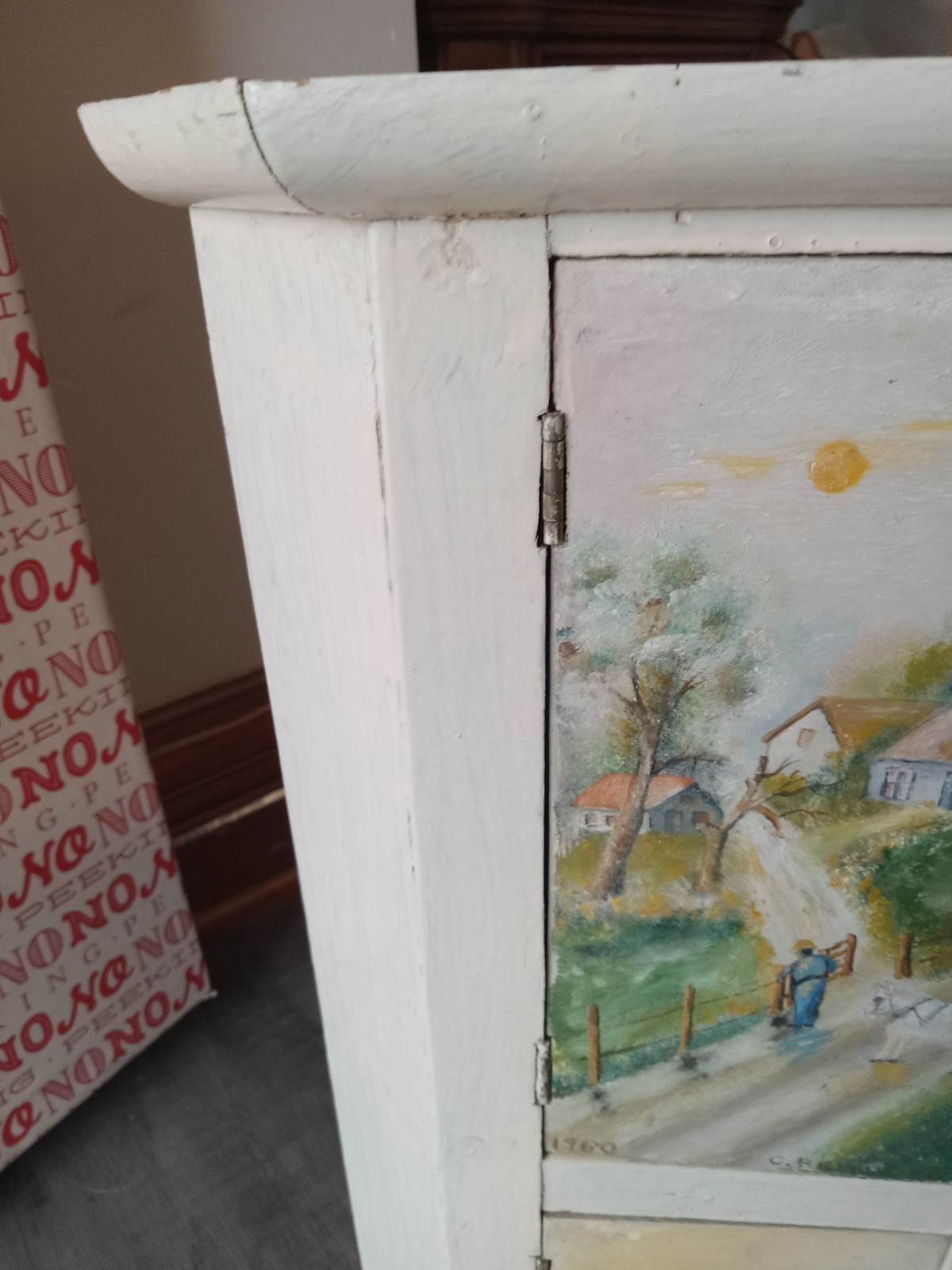 1960 C. Reinhold Hand-Painted Rustic Wood 21″ Corner Hanging Cabinet OOAK
