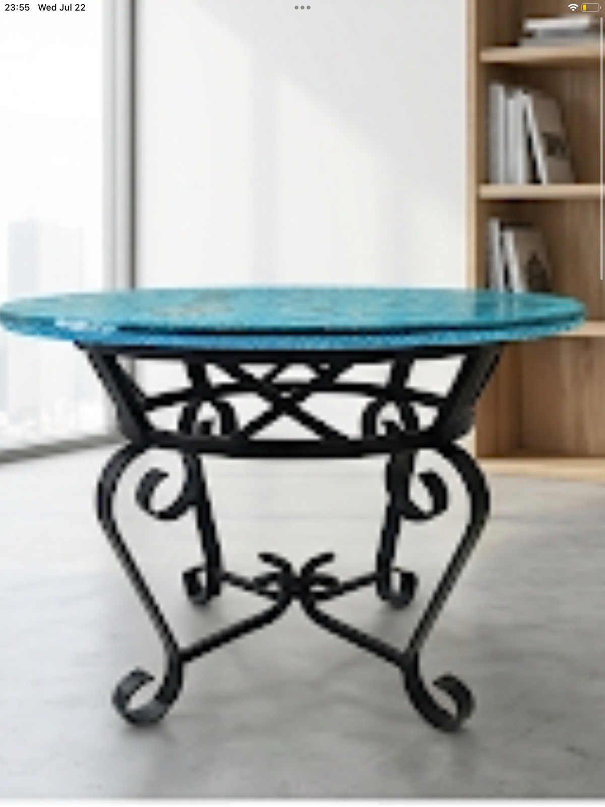 Round End & Side Table, Blue Glitter Butterfly Top, Black Metal Scroll Base