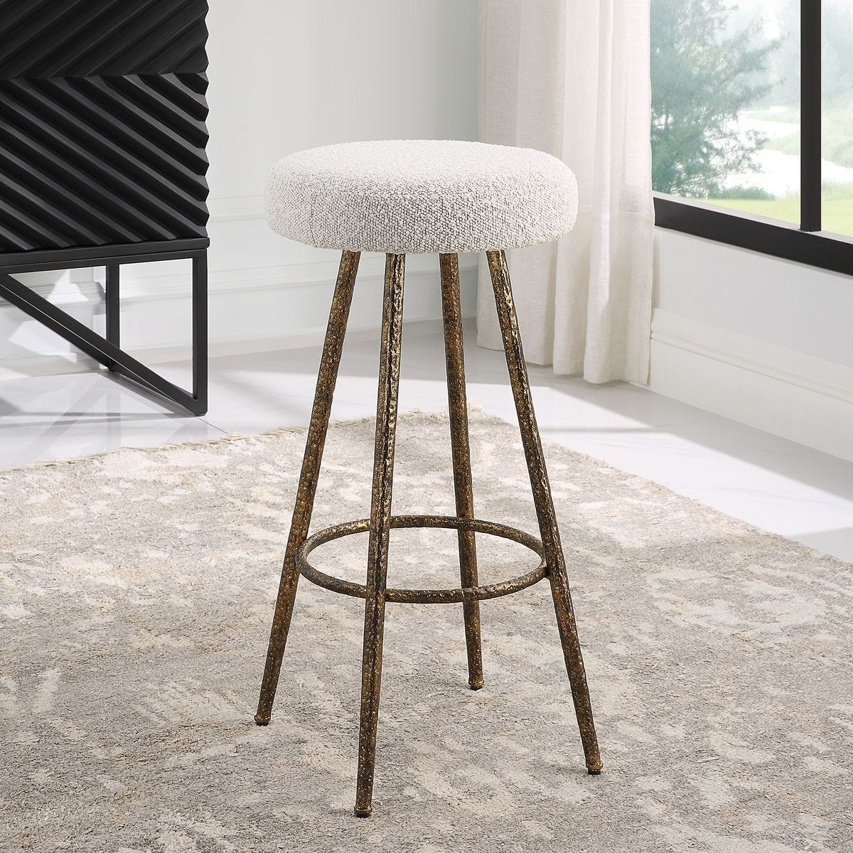 UTTERMOST BRAVEN COUNTER STOOL 23771 ANTIQUE GOLD BOUCLE UPHOLSTERED STOOL