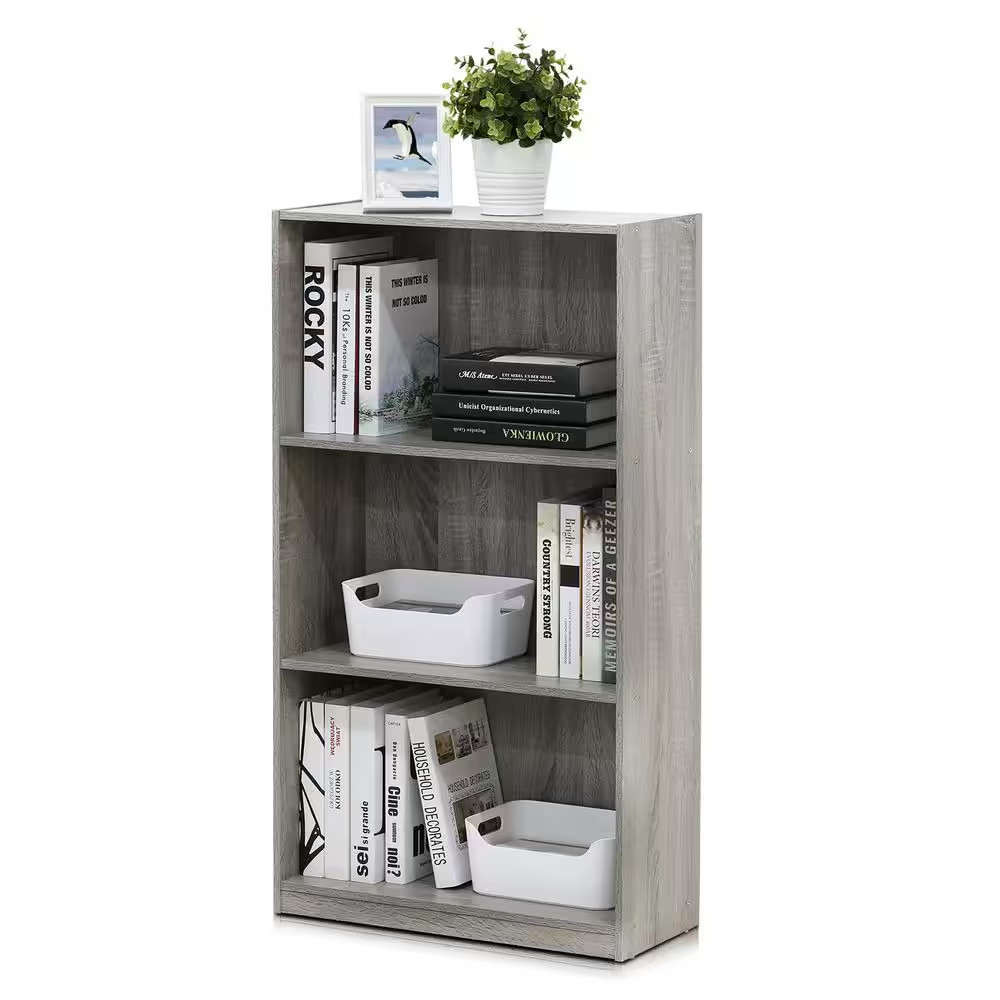 39.5 In. French Oak Gray Wood 3-Shelf Standard Bookcase with Storage