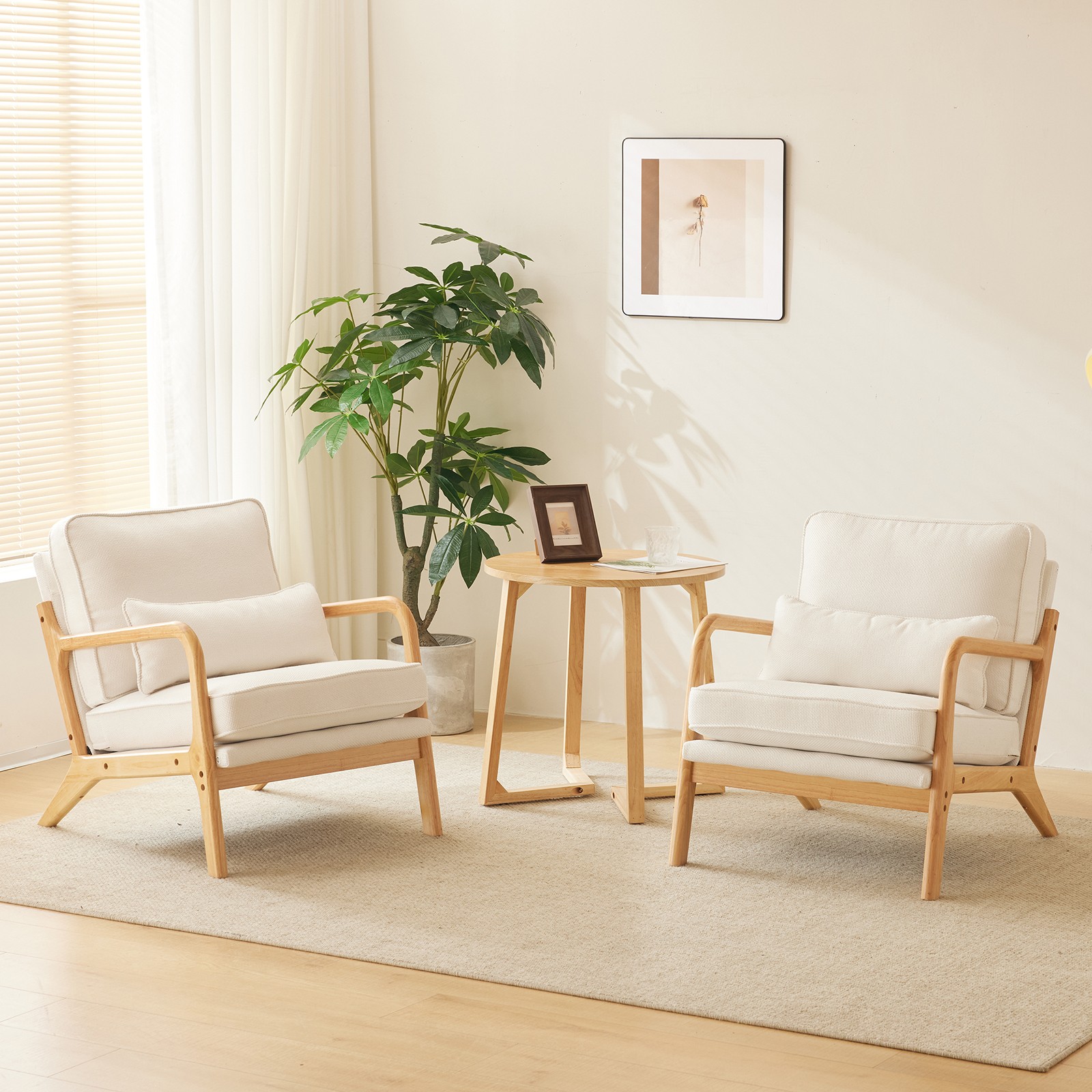 Mid Century Modern Accent Chair with Lumbar Pillow for Living Room Beige