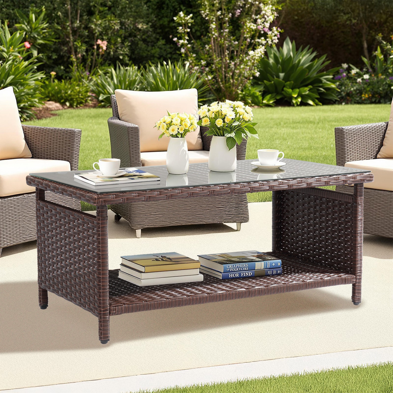 In/Outdoor 35.5x20x16inch Double Layer Dark Brown Rattan with Glass Side Table