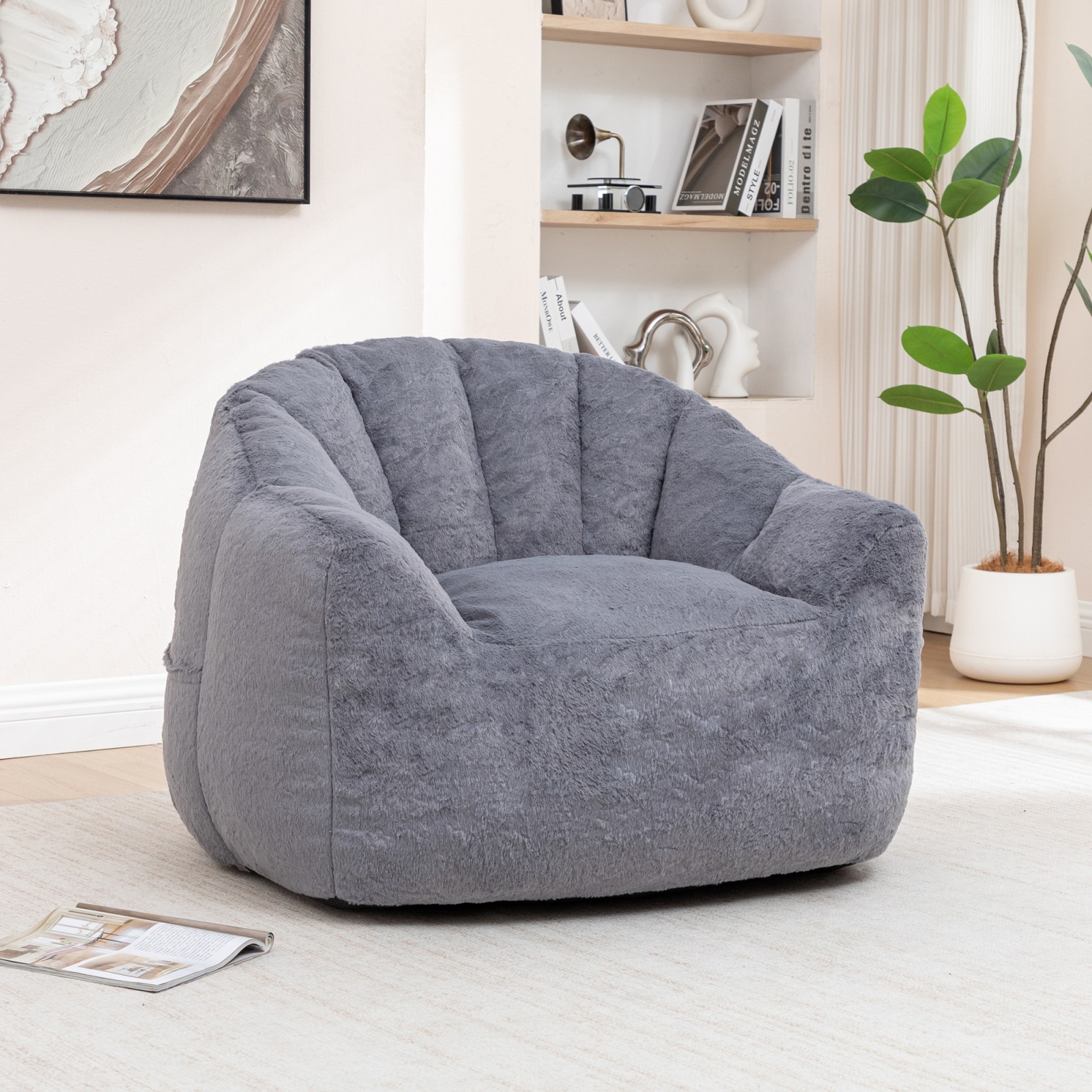 Giant Bean Bag Sofa Chair with Armrests, High-Density Foam, Gray Faux Fur