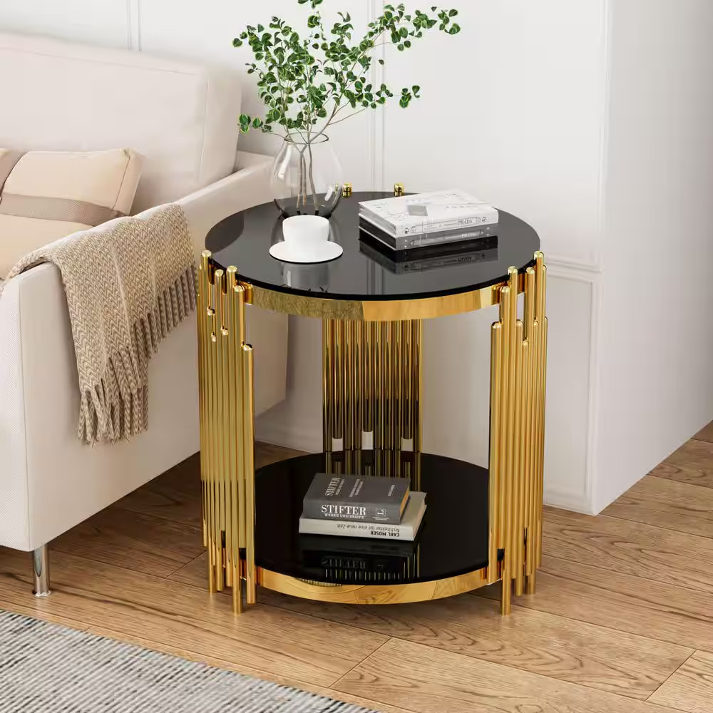 20 In. Black round Glass Coffee Table with Tempered Glass&Gold Legs, 2-Tier Stai