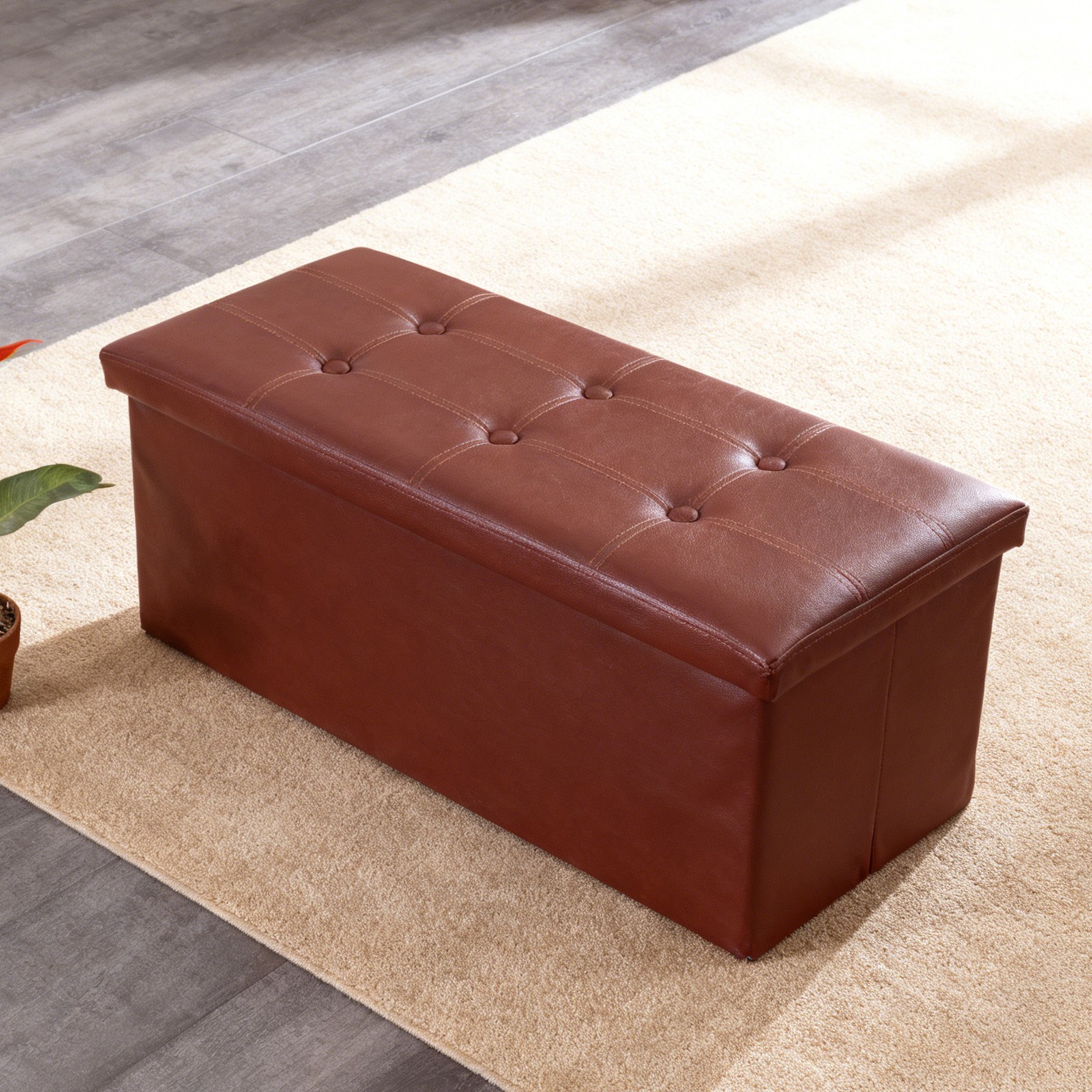 30 inches Folding Storage Ottoman Bench for Bedroom Faux Leather Brown Footrest